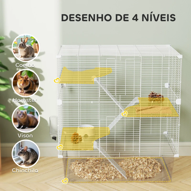 PawHut Gaiola para Pequenos Animais de 4 Níveis com Bandeja Inferior Gaiola para Roedores com Rampas Comedouro e Bebedouro 73x47x80 cm Branco