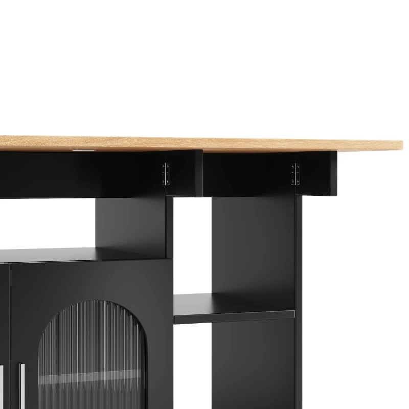Îlot de cuisine moderne, chariot de service multifonctionnel avec espace de rangement et armoires à porte vitrée, 120×30×79,5 cm, Noir+Couleur naturelle