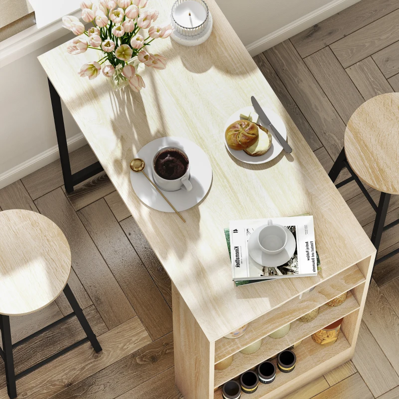 HOMCOM Ensemble table de bar avec tabourets, compartiments ouverts, étagère réglable et repose-pieds, chêne et noir