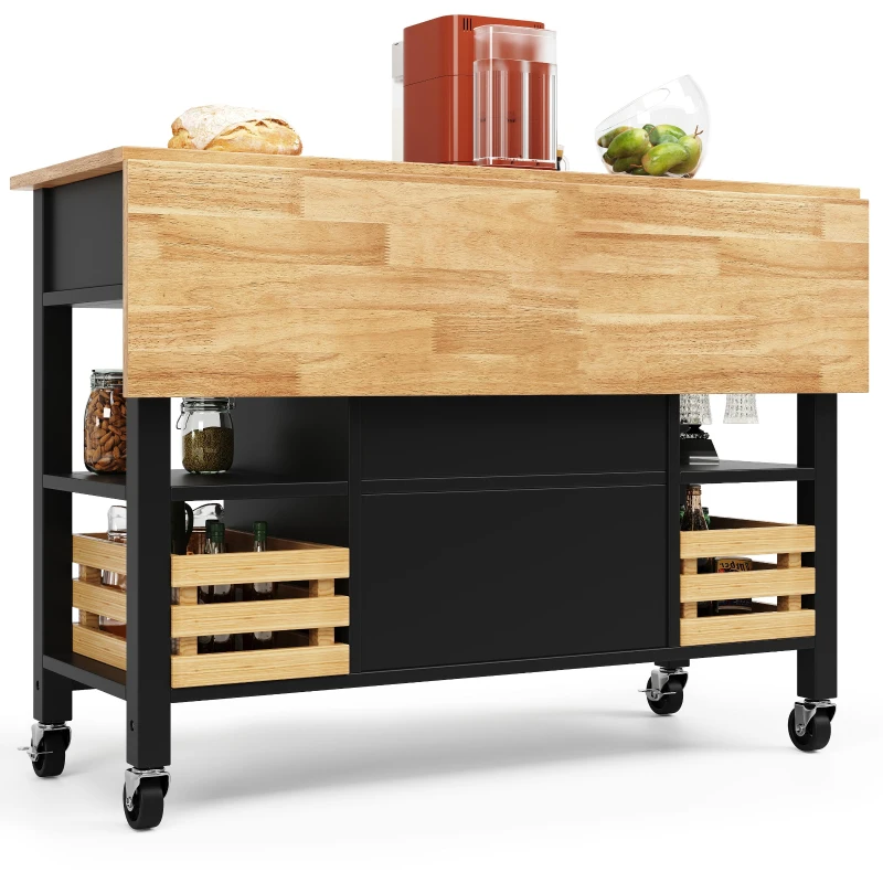 Isola da cucina moderna con lati pieghevoli, spazio di conservazione multifunzionale, 120×45×90 cm, Nero e Legno naturale