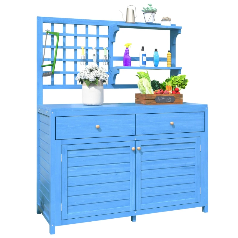 Armario de Jardín de Madera con Estantes Armario Exterior Multifuncional con Encimera Abierta 141,5x44x105 cm Azul
