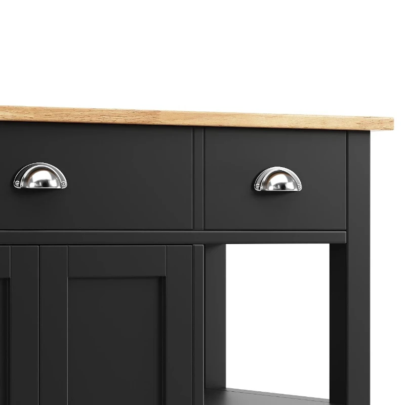 Isola da cucina moderna con lati pieghevoli, spazio di conservazione multifunzionale, 120×45×90 cm, Nero e Legno naturale