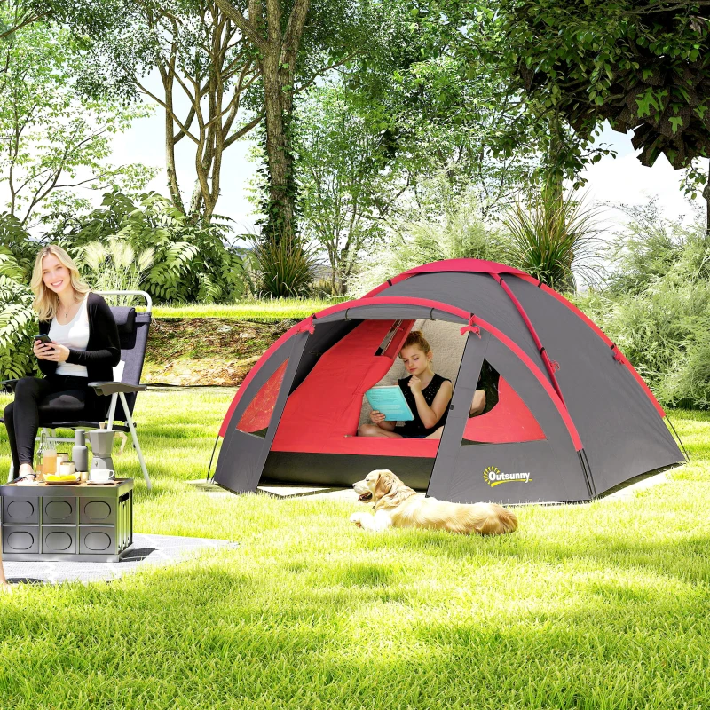 Outsunny Campingzelt für 3 Personen leicht, stabil wasserdicht UV 50+ mit Vordach Tür Fenster, Bodenplane Grau(m-2)