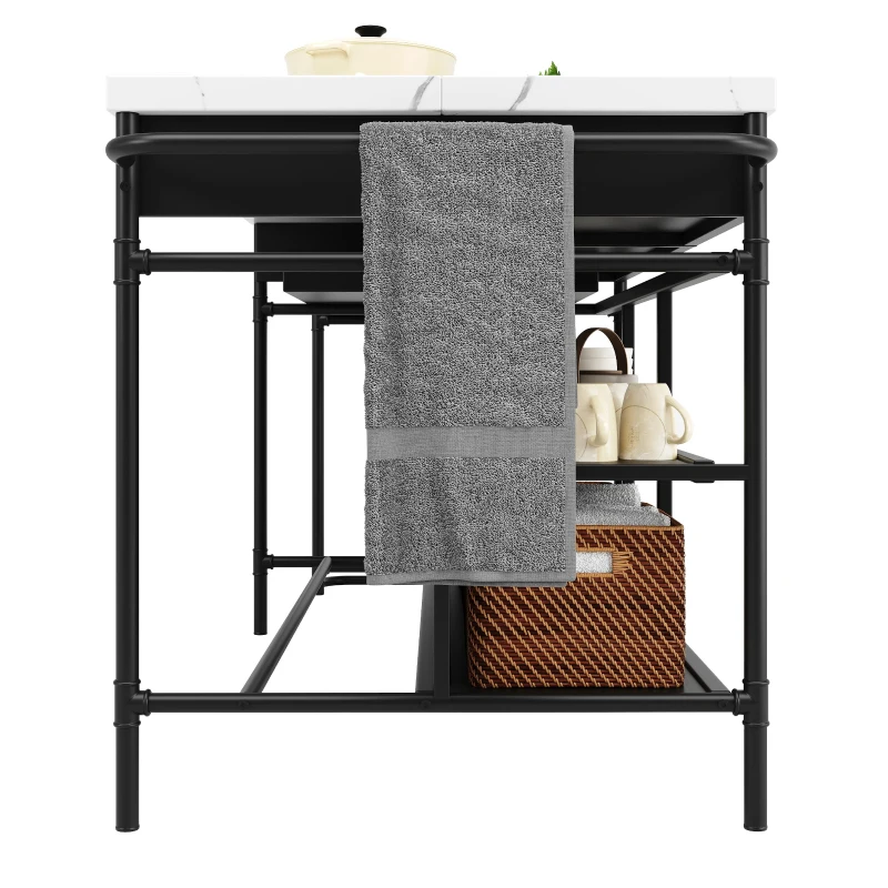 Îlot de cuisine avec espace de rangement et plateau extensible, design multifonctionnel, Noir+Blanc(m-10)