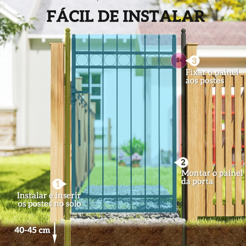 Outsunny Porta de Jardim 89x147,5 cm Porta para Vedação de Barra de Aço Galvanizado com Puxador Fechadura e 3 Chaves Preto