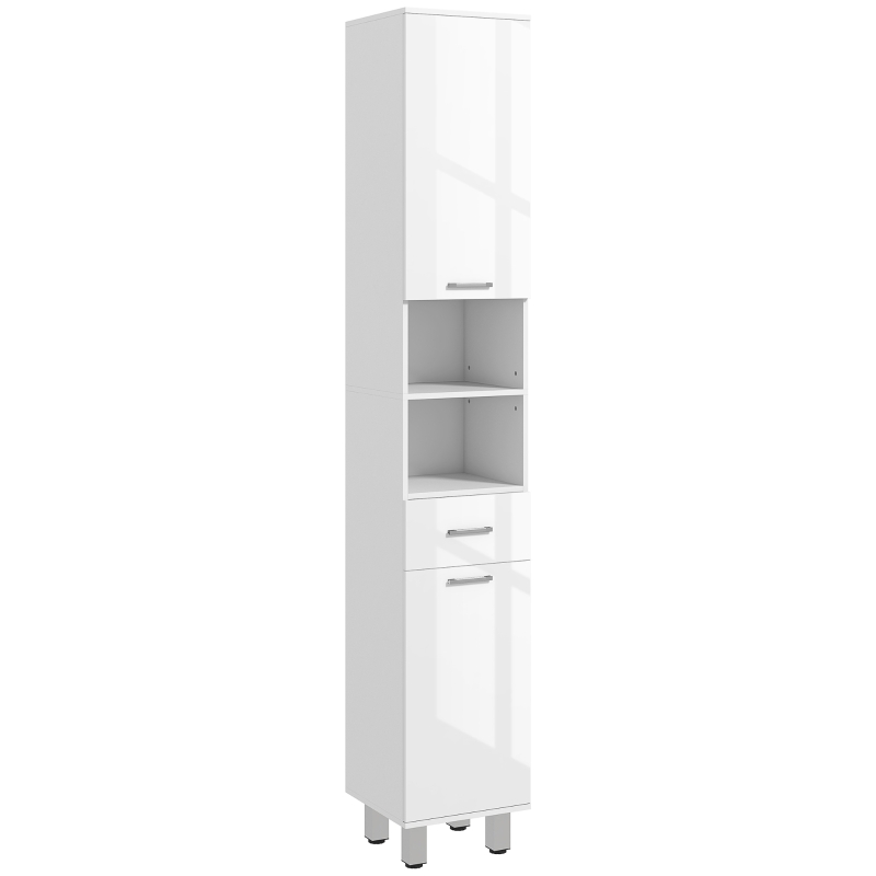 kleankin Colonna Bagno con Cassetto, 2 Ripiani Aperti e 2 Armadietti a 2 Livelli, in Legno, 30x30x180 cm, Bianco Lucido