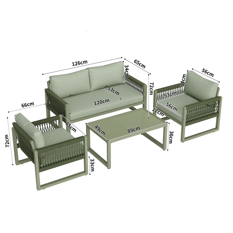 Ensemble de salon de jardin, ensemble de meubles de jardin moderne en 4 pièces en corde avec coussins de siège, Vert