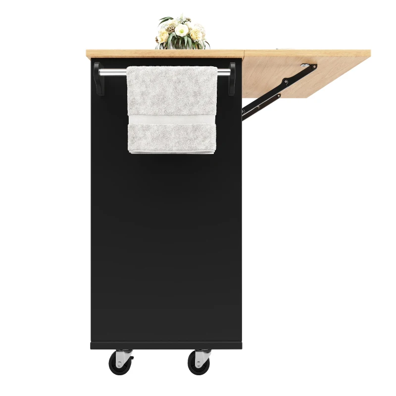 Insulă de bucătărie cu blat de lucru reglabil și spațiu de depozitare, Cărucior pliabil, 120x42x91,5 cm, Negru