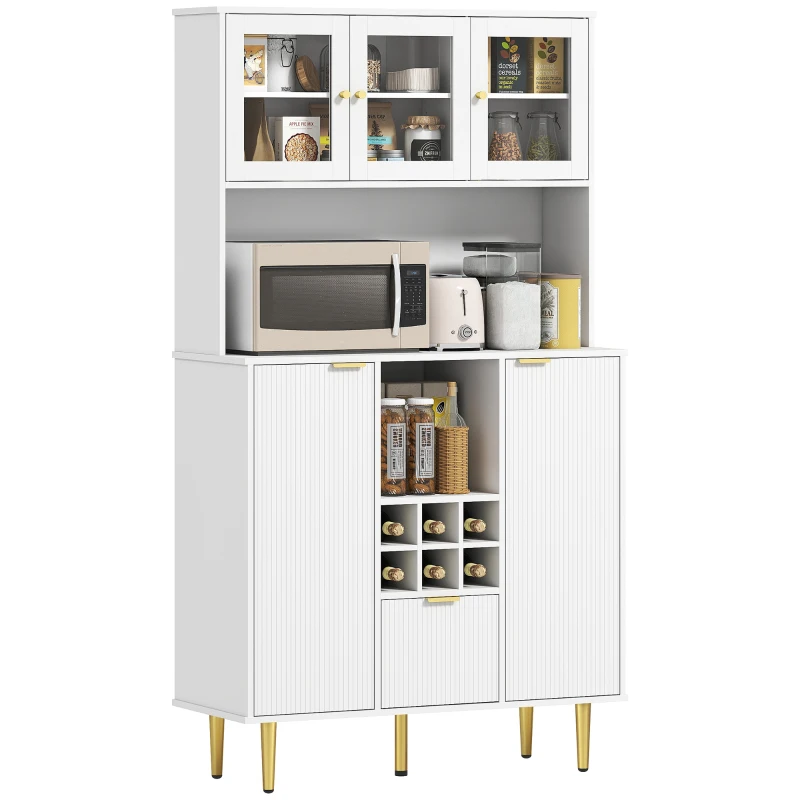 HOMCOM Armário de Cozinha Móvel Auxiliar de Cozinha Armário Alto com 3 Portas de Vidro Suporte para Garrafas 100x40x180 cm Branco