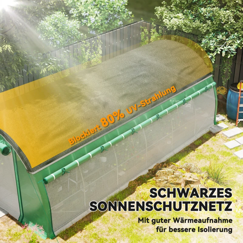 Outsunny 6 x 3 x 2 m Polytunnel-Gewächshaus mit Sonnenschutznetz, rollbaren Seitenwänden, Kunststoff-Abdeckung, Stahlrahmen, Grün