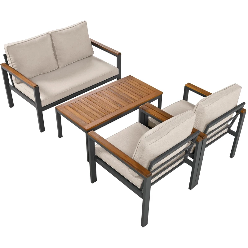 Juego de Muebles de Jardín de 4 Piezas con Sofá de 2 Plazas 2 Sillones Individuales y Mesa Beige