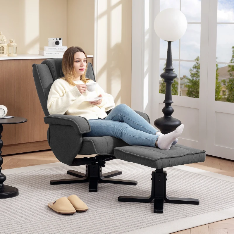 HOMCOM Schommelbare Relaxfauteuil met Voetenbank, Fluweelachtige Stof, Draaibare Gestoffeerde Stoel, Houten Frame, Grijs