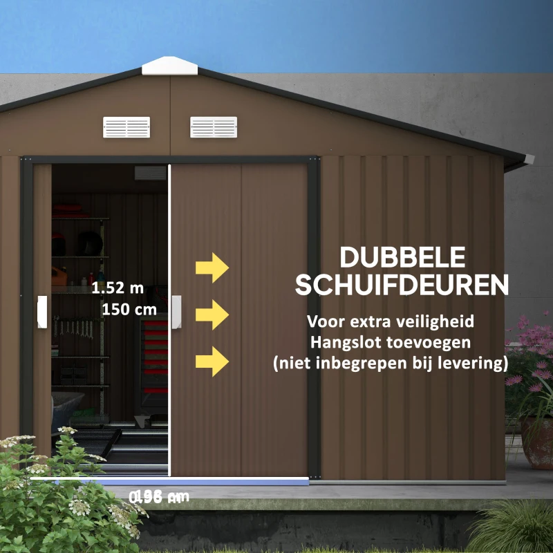 Outsunny Tuinschuur, Weerbestendig Tuinhuis voor Tuingereedschap, met Ventilatieramen, Schuifdeuren, Staal, Bruin