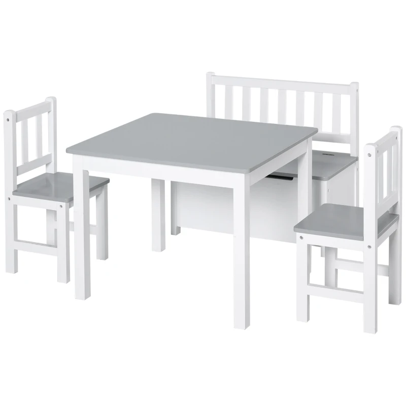 HOMCOM Mesa Infantil con 2 Sillas y Banco Juego de Muebles para Actividades para Niños de +3 Años para Dormitorio Gris y Blanco