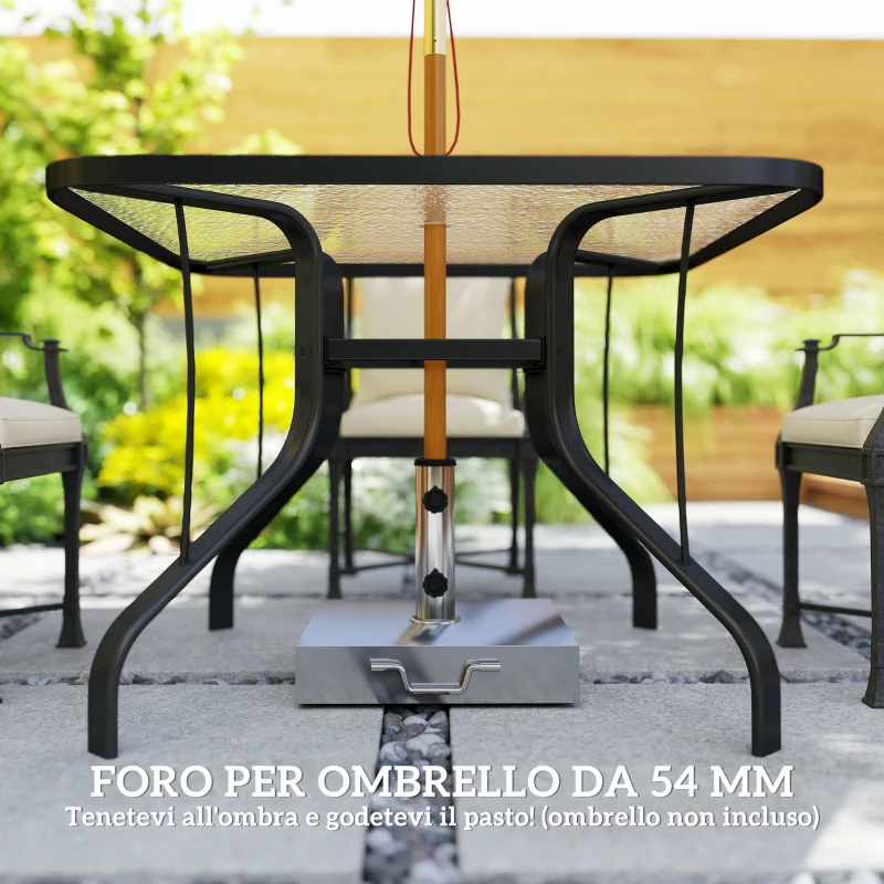 Outsunny Tavolo da Giardino Quadrato a 4 Posti con Piano in Vetro e Foro per Ombrellone Ø54 mm, Nero