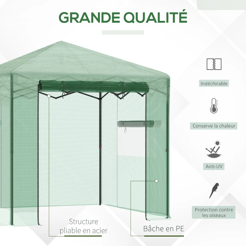 Serre de jardin pop-up porte + 2 fenêtres zippées enroulables sac transport PE vert