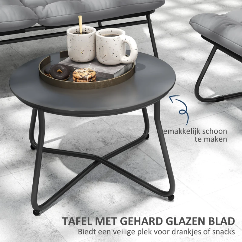 Outsunny 4-persoons tuinmeubelset, 2 stoelen, 1 dubbelsofa, 1 tafel met glasplaat, dikke kussens, stalen frame, voor terras, Grijs