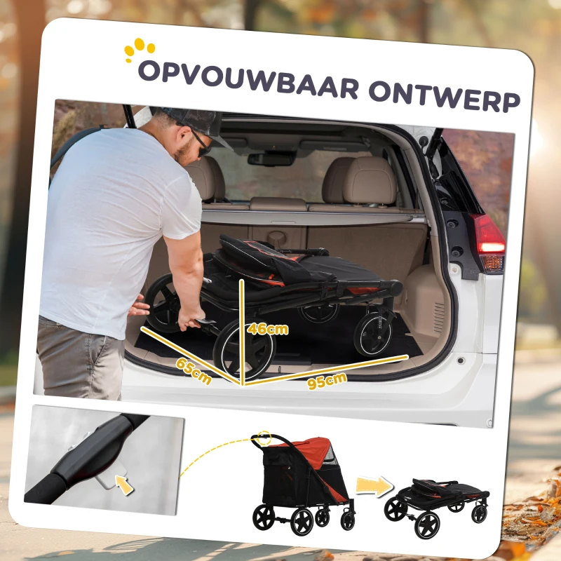 PawHut Hondenkar inklapbaar, One-Klick-systeem, inklapbaar, 2 veiligheidslijnen, Rood + Zwart(m-6)