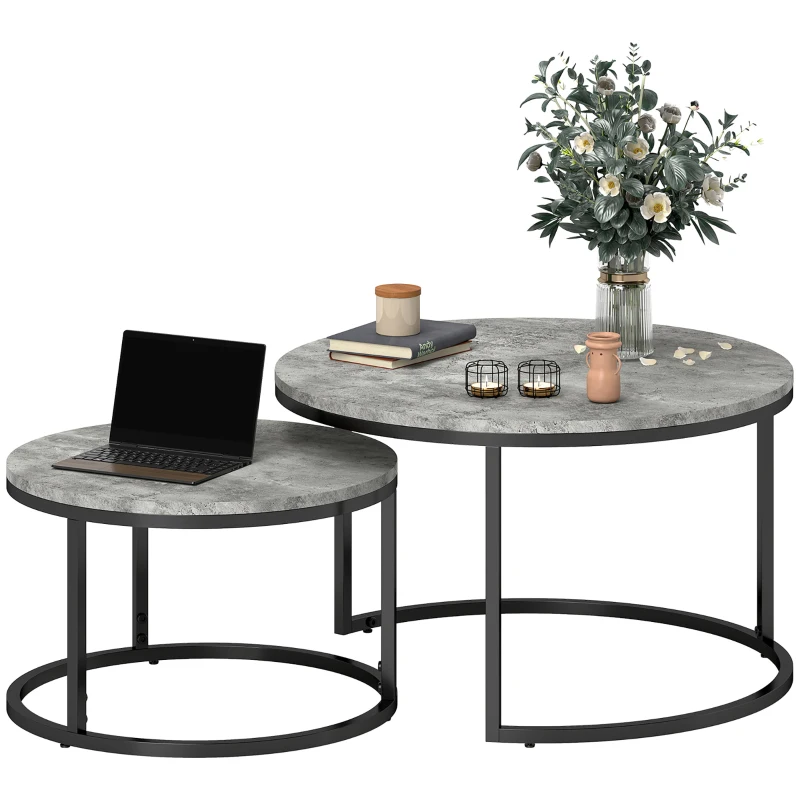 HOMCOM Couchtisch-Set, 2 runde Satztische, Industriedesign, Metallgestell, Marmoroptik/Grau(m-10)