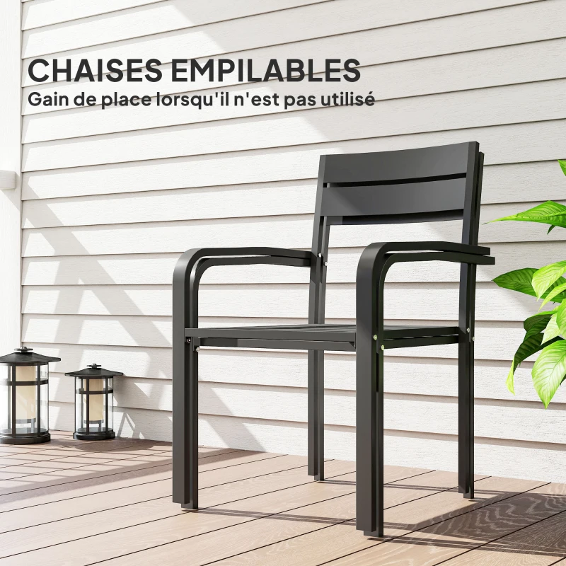 Outsunny Lot de 2 chaises de jardin chaises empilables d'extérieur avec accoudoirs, cadre en aluminium 56 x 58 x 83 cm gris foncé