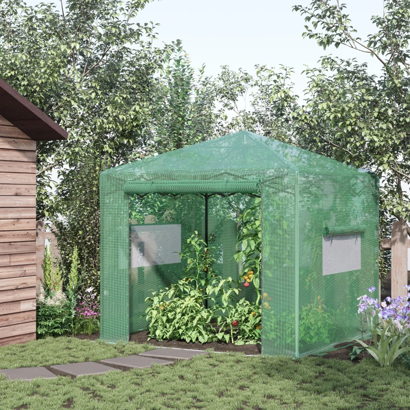 Serre de jardin pop-up porte + 2 fenêtres zippées enroulables sac transport PE vert