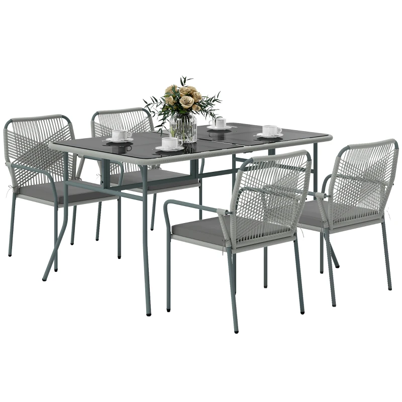 Outsunny Five-Piece PE Rattan Garden Dining Set with Cushions & Stackable Chairs - Light Grey