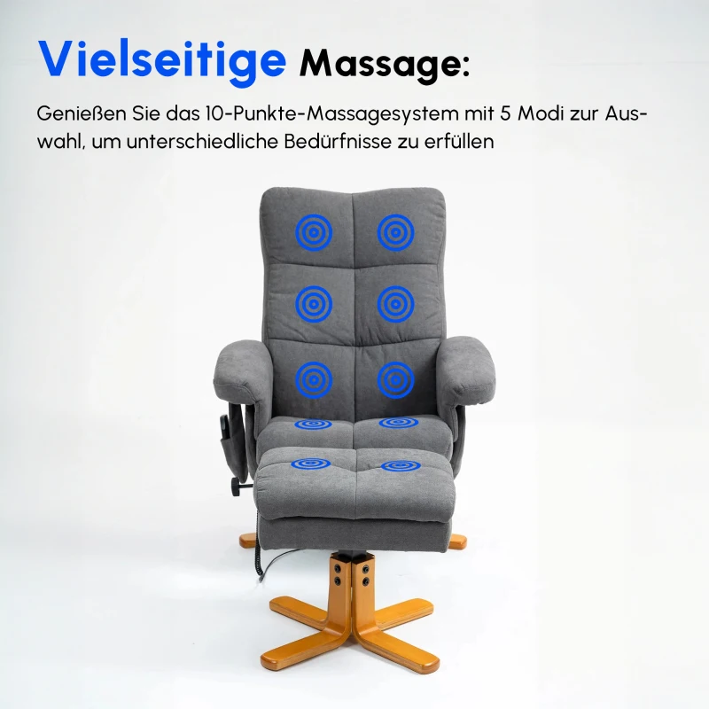 HOMCOM Relaxsessel mit Fußhocker, Stauraum, Elektrischer Massagesessel mit Liegefunktion, Drehbarer Fernsehsessel mit Seitentasche, Fernbedienung, Holzrahmen, Polyester, Dunkelgrau