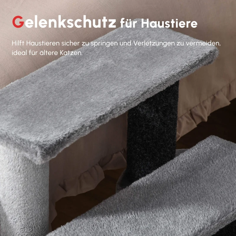 PawHut Katzentreppe 3-stufige Haustiertreppe mit Kratzsäulen Ball Hundetreppe Tiertreppe für Katzen bis 5 kg Plüsch Jute Grau 45 x 40 x 48 cm