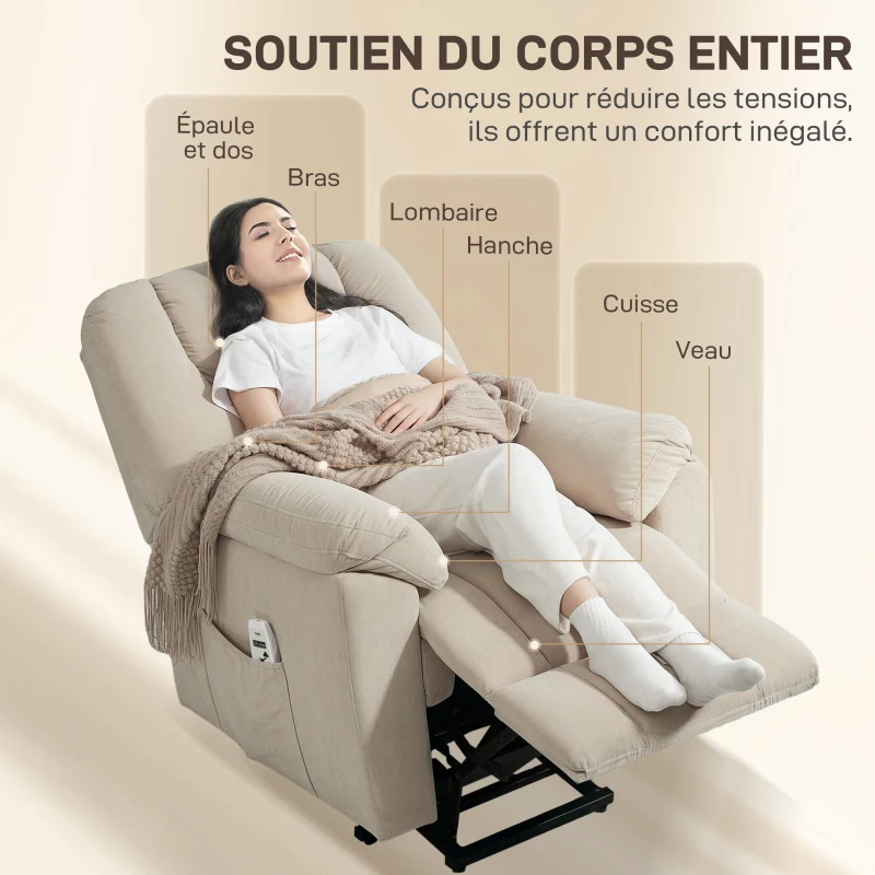 HOMCOM Fauteuil releveur électrique avec fonction massage et chauffage avec dossier inclinable, ports USB, télécommande, beige(m-7)