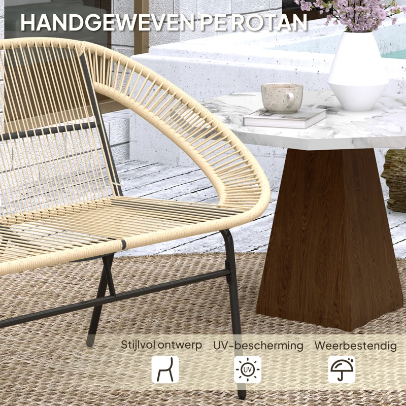 Outsunny 2-zits Tuinbank Polyrattan, weerbestendige Bank in Rattanvlecht-Design, UV-bestendig tot 260kg belast, Khaki