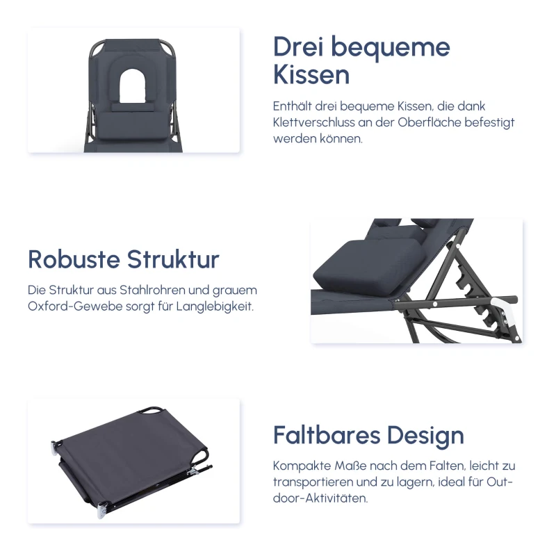 Outsunny Sonnenliege klappbar Gartenliege mit Kopfkissen Liegestuhl mit 4-Fach verstellbare Rückenlehne Campingliege mit Lesefenster Gartenstuhl bis 120kg belastbar für Garten, Balkon Grau
