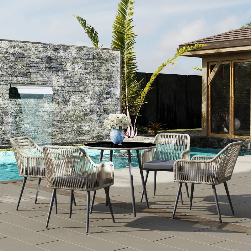 Outsunny Salon de jardin extérieur en résine tressée 4 places - coussins et table ronde en verre, pour terrasse, jardin, marron(m-8)