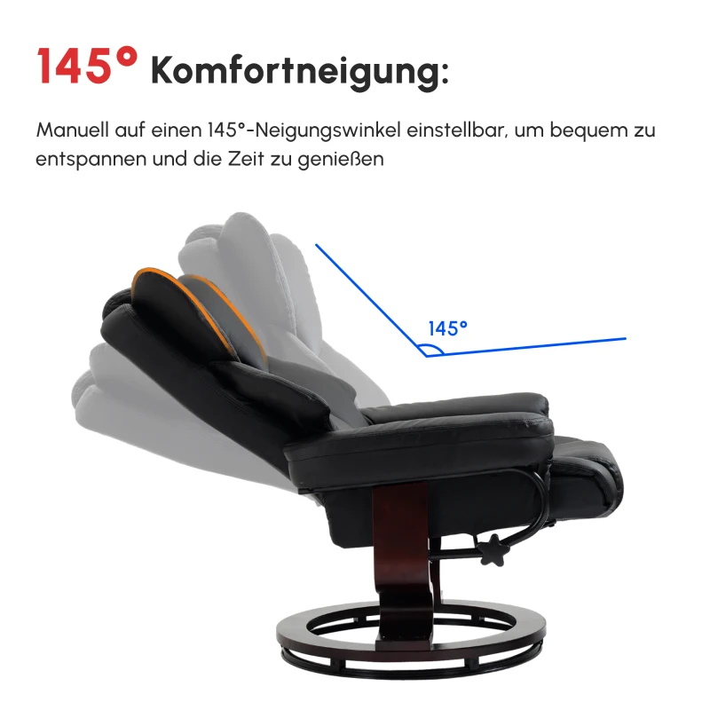 HOMCOM Relaxsessel mit Hocker, Liegefunktion, drehbar, bis 160 kg, Kunstleder, Metallrahmen, schwarz, 80 x 79 x 100 cm