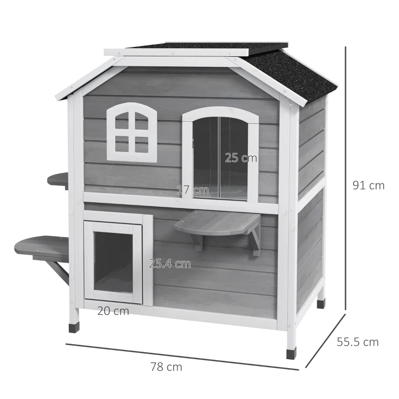 PawHut kattenhuis voor buiten kattenhut met 2 verdiepingen kattenvilla, asfaltdak, massief hout grijs(m-8)