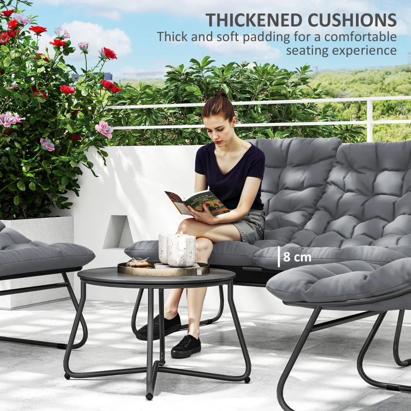 Outsunny Zestaw Mebli Ogrodowych dla 4 Osób, 2 Krzesła, 1 Sofa Dwuosobowa, 1 Stolik z Szkłem, Grube Poduszki, Stalowa Rama, na Taras, Szary