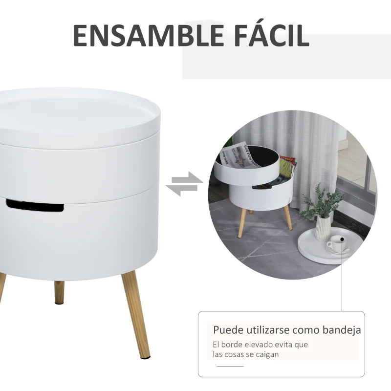 HOMCOM Mesita de noche - mesa de centro con 2 compartimentos de almacenamiento - tapa de MDF - dim. Ø 38 x 48 cm - blanco