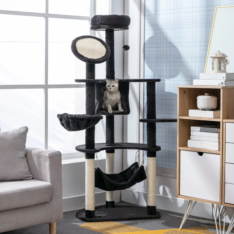 PawHut Árbol Rascador para Gatos Grande 65x50x153 cm Torre para Gatos Centro de Actividades con Múltiples Plataforma Poste Hamaca Bolas de Juguete y Cueva Gris Oscuro