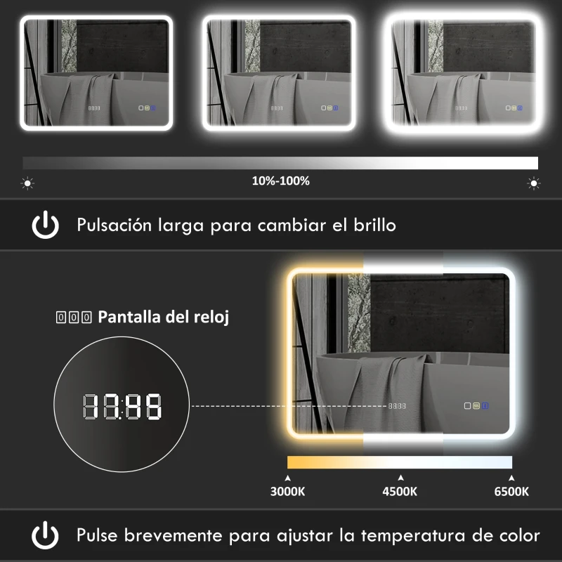 HOMCOM Espejo de Baño con Luz LED 80x60 cm con Bluetooth 3 Colores de Luz Función Antivaho Función de Memoria IP44