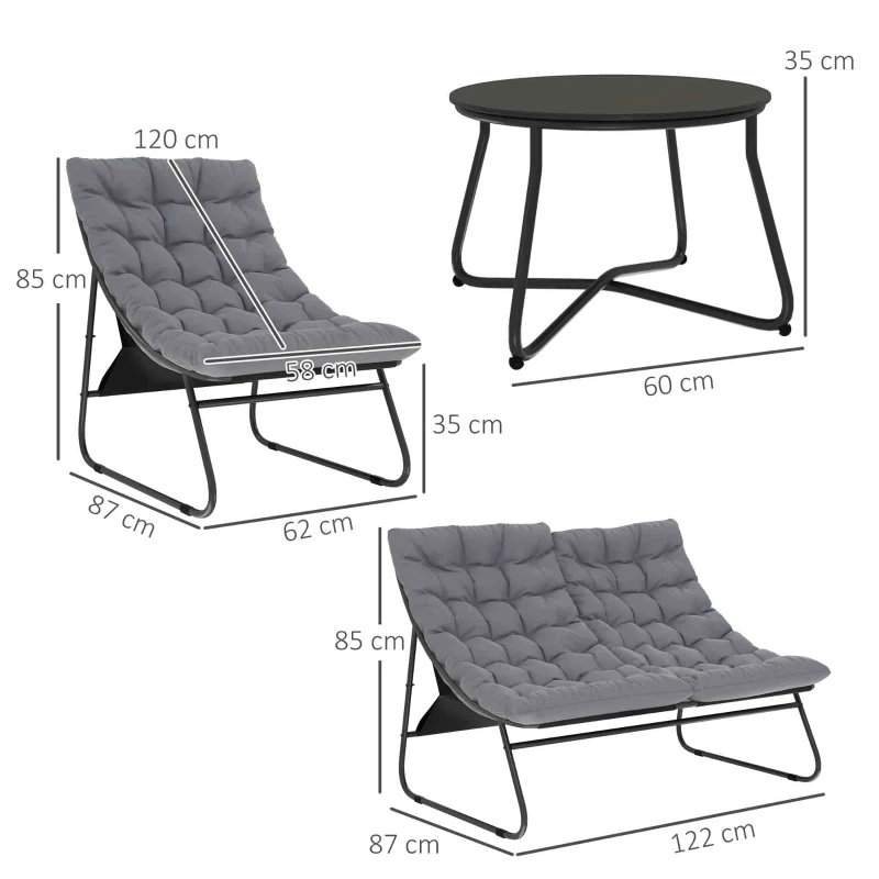Outsunny 4-persoons tuinmeubelset, 2 stoelen, 1 dubbelsofa, 1 tafel met glasplaat, dikke kussens, stalen frame, voor terras, Grijs