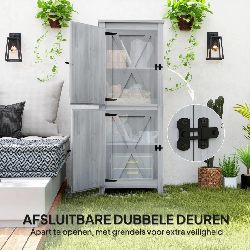 Outsunny Houten Tuinschuur, Compacte Tuinschuur voor Gereedschap en Tuingereedschappen met Afsluitbare Deuren, Lichtgrijs