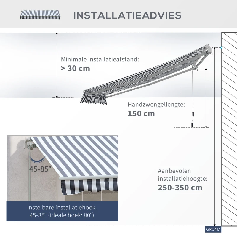 Outsunny Luifel aluminium knikarmluifel zonwering met handslinger 3,5 x 2,5 m grijs + wit