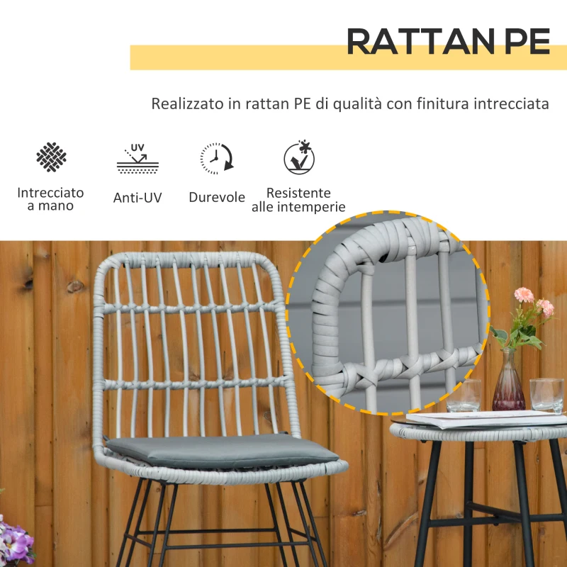 Outsunny Set Mobili da Giardino 3 Pezzi con Tavolino e Sedie in Rattan PE, Poilestere e Acciaio per Esterni, Grigio