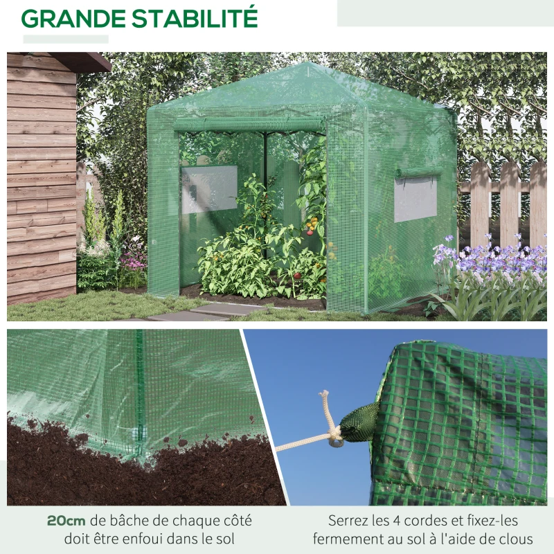 Serre de jardin pop-up porte + 2 fenêtres zippées enroulables sac transport PE vert