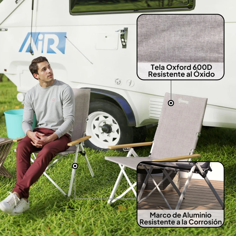 Outsunny Sillas de Camping Plegables de Aluminio con Respaldo Alto Ajustable Reposabrazos de Madera 59x67x96 cm Gris Claro
