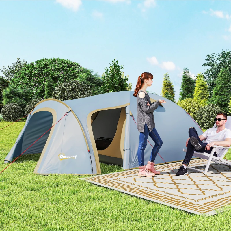 Outsunny Wodoodporny Namiot Kempingowy dla 4 Osób, tunelowy z 2 Drzwiami, Hakami, Torbą 3,45 x 2,4 x 1,3 m Jasnoniebieski