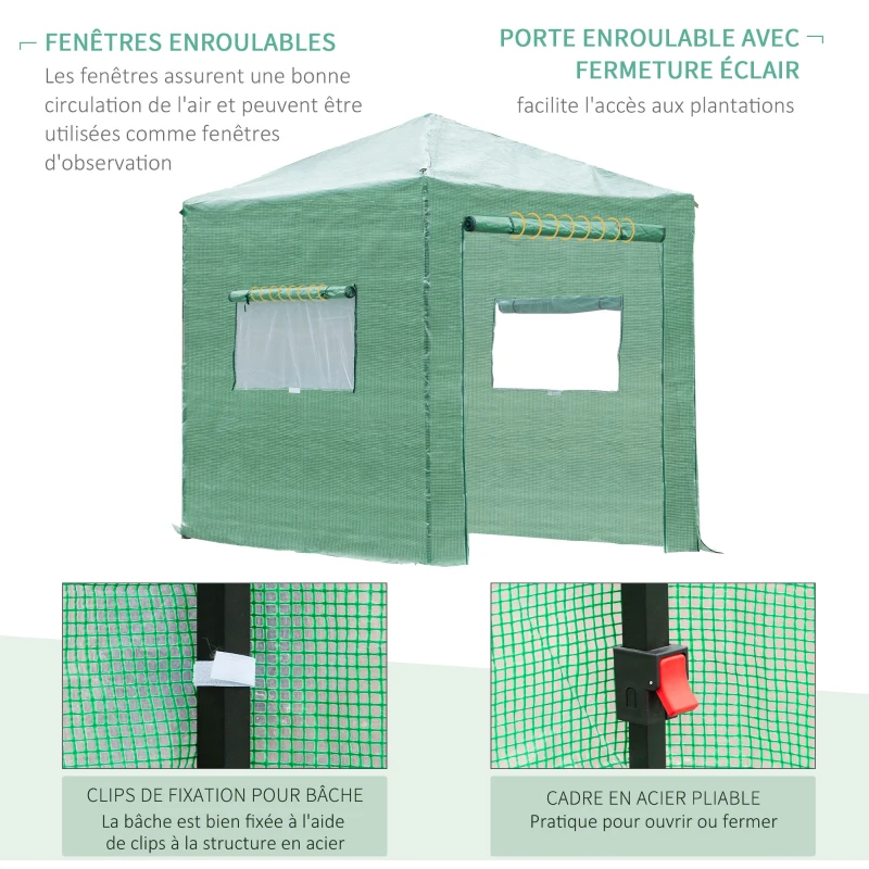 Serre de jardin pop-up porte + 2 fenêtres zippées enroulables sac transport PE vert