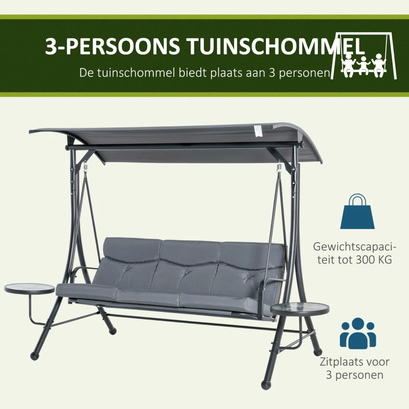 Outsunny Hollywoodschommel 3-zitter tuinschommel met verstelbaar zonnedak theetafel