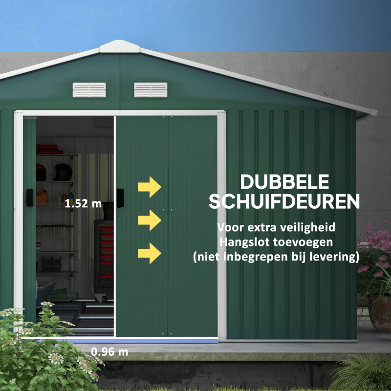 Outsunny Tuinschuur, Weerbestendig Tuinhuis voor Tuingereedschap, met Ventilatieramen, Schuifdeuren, Staal, Donkergroen(m-5)