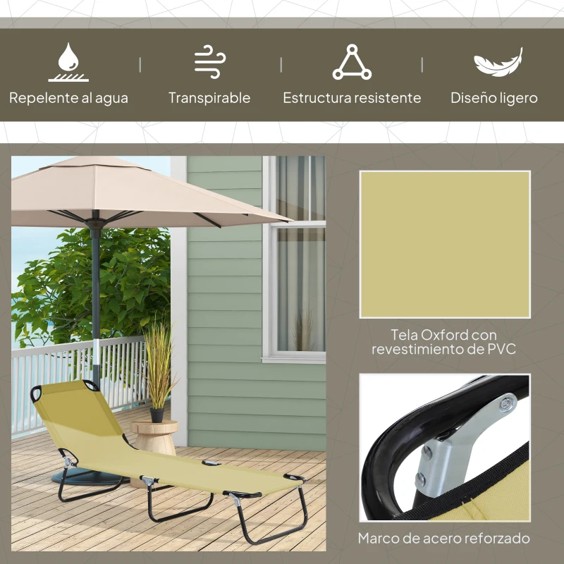 Outsunny Tumbona Plegable Reclinable con Ángulo Ajustable de 5 Posiciones para Jardín Exterior Piscina Terraza Camping Carga 120 kg 188x56x28 cm Beige