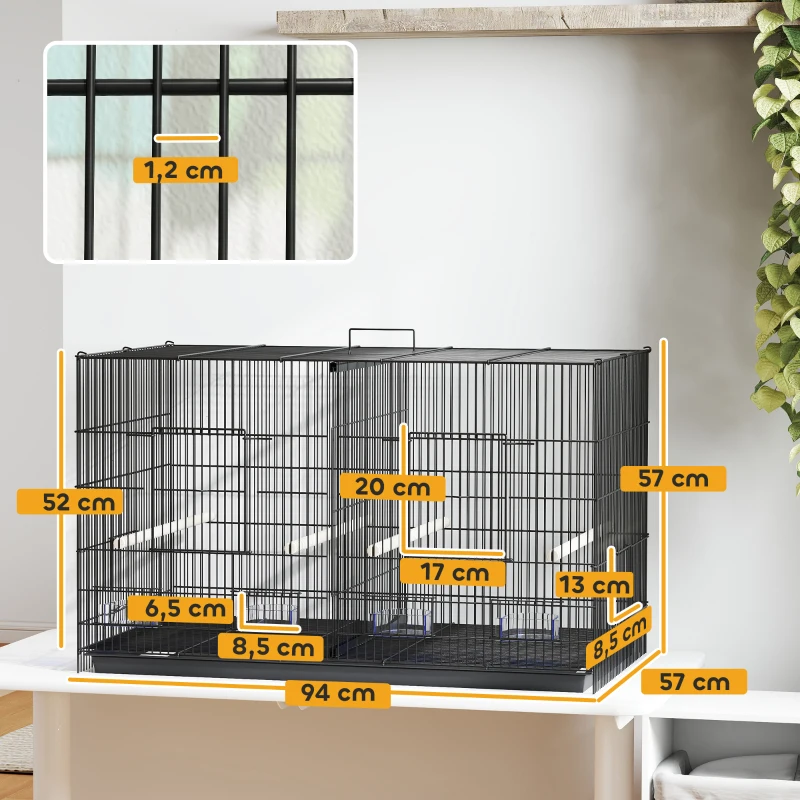 PawHut Gaiola para Pássaros com Divisória com Comedouros Poleiros e Bandeja Removível 94x57x57 cm  Preto